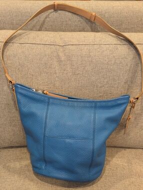 Cole Haan Pebbled Blue Leather Shoulder Bag with Adjustable Tan Strap